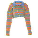 Flash Rainbow Striped Oversized Collared Zip Up Cropped Knitted Jacket
