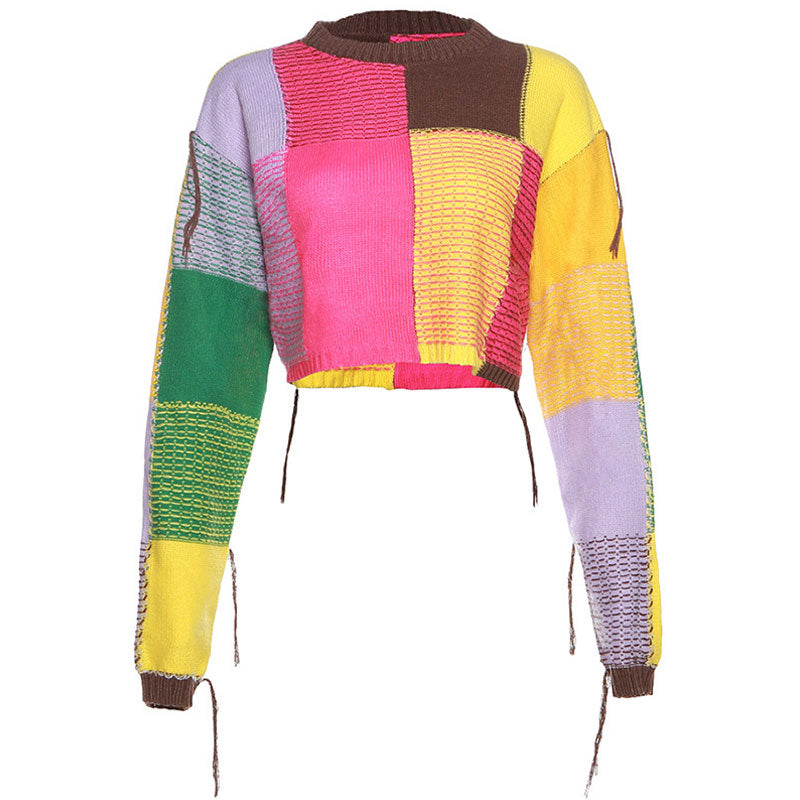 Flashy Fringe Detail Multicolored Patchwork Long Sleeve Oversized Cropped Knit Sweater