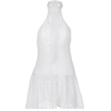 Flowy Ruffle Sleeveless Summer Sheer Crochet Knit Halter Mini Sundress