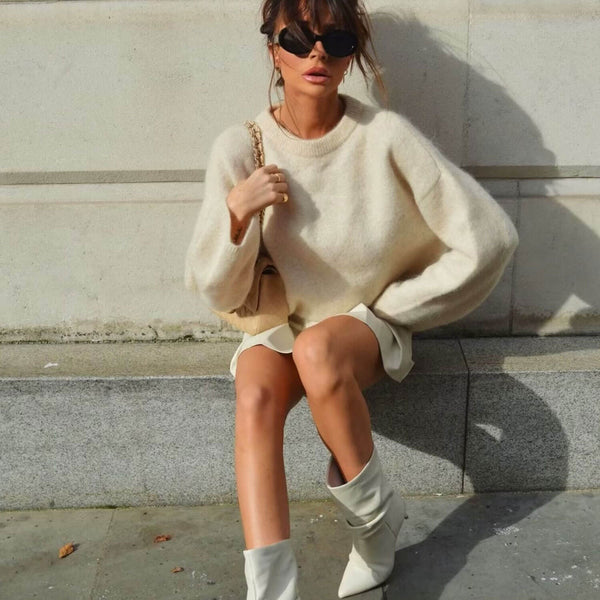 Fluffy Crew Neck Drop Shoulder Wide Sleeve Oversized Pullover Sweater