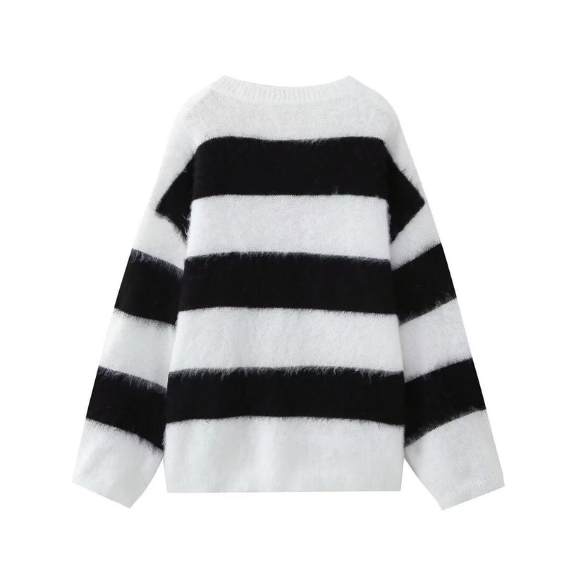 Fluffy Crew Neck Drop Shoulder Wide Sleeve Oversized Pullover Sweater