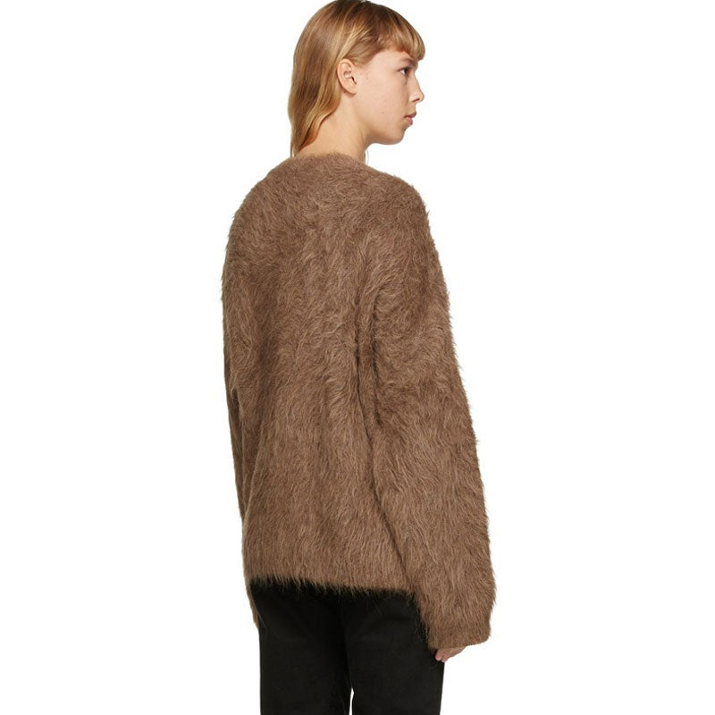 Fluffy Deep V Neck Button Front Long Sleeve Alpaca Blend Knit Cardigan