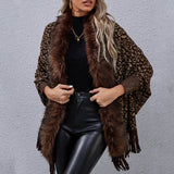 Fluffy Faux Fur Collarless Batwing Sleeve Fringe Hem Leopard Knit Shawl Cardigan