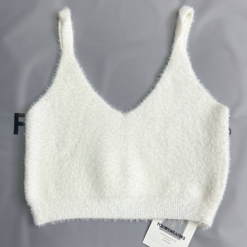 Fluffy White Mohair Solid Color Eyelash Knit Cropped Bra Top