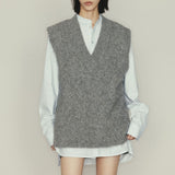 Fluffy Plush Alpaca Blend Solid Rib Knit Deep V Neck Sleeveless Oversized Sweater Vest