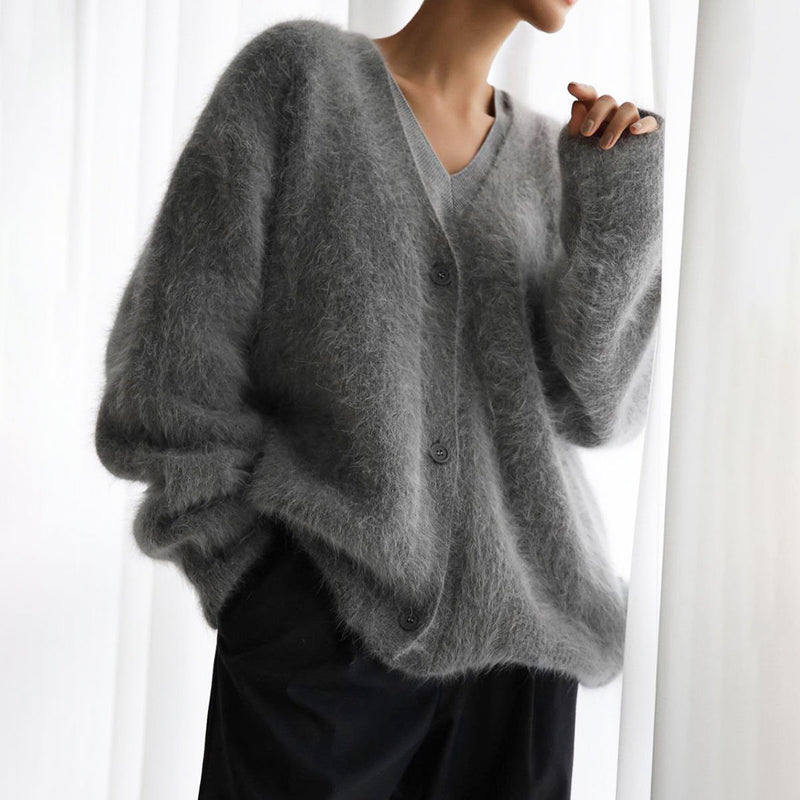 Fluffy V Neck Button Front Long Sleeve Solid Color Oversized Knit Cardigan