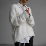 Fluffy V Neck Button Front Long Sleeve Solid Color Oversized Knit Cardigan