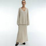 Fluffy V Neck Oversize Sweater and High Waist Maxi Knit Skirt Matching Set