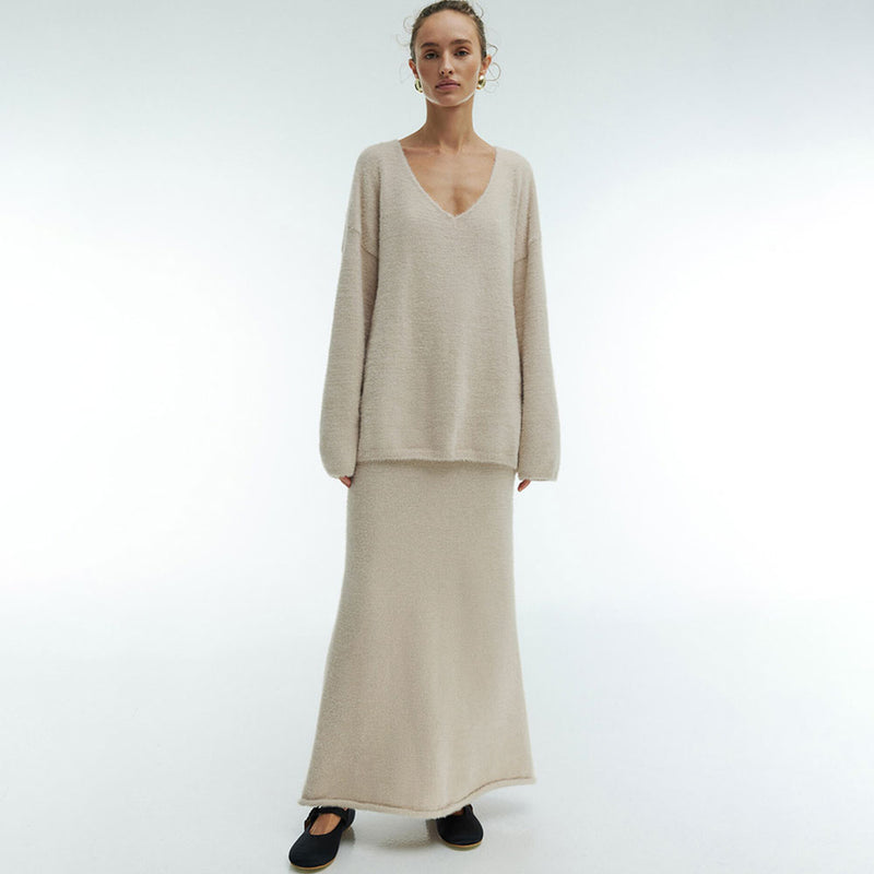 Fluffy V Neck Oversize Sweater and High Waist Maxi Knit Skirt Matching Set