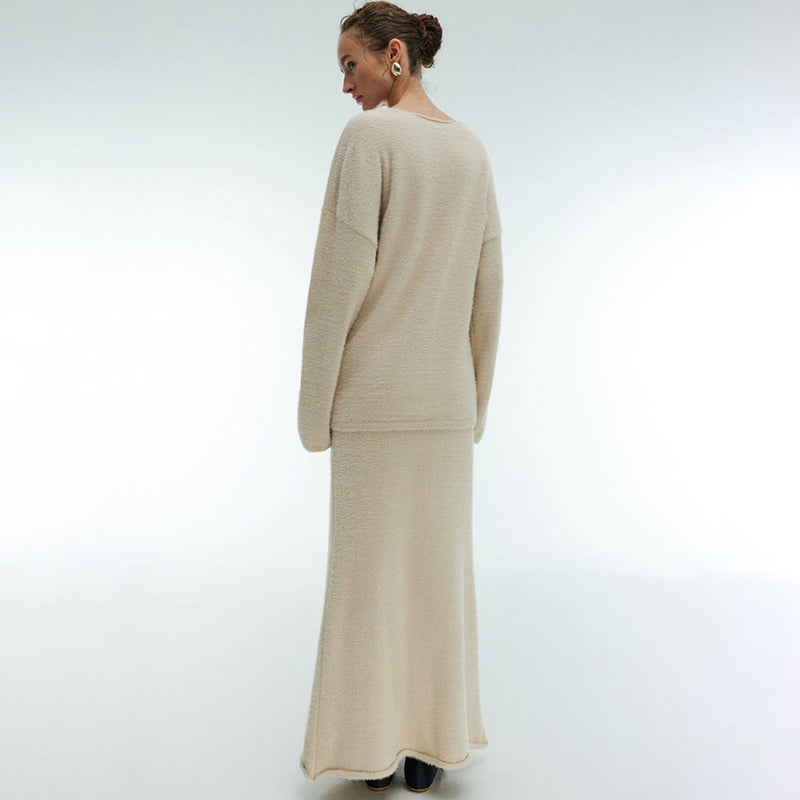 Fluffy V Neck Oversize Sweater and High Waist Maxi Knit Skirt Matching Set