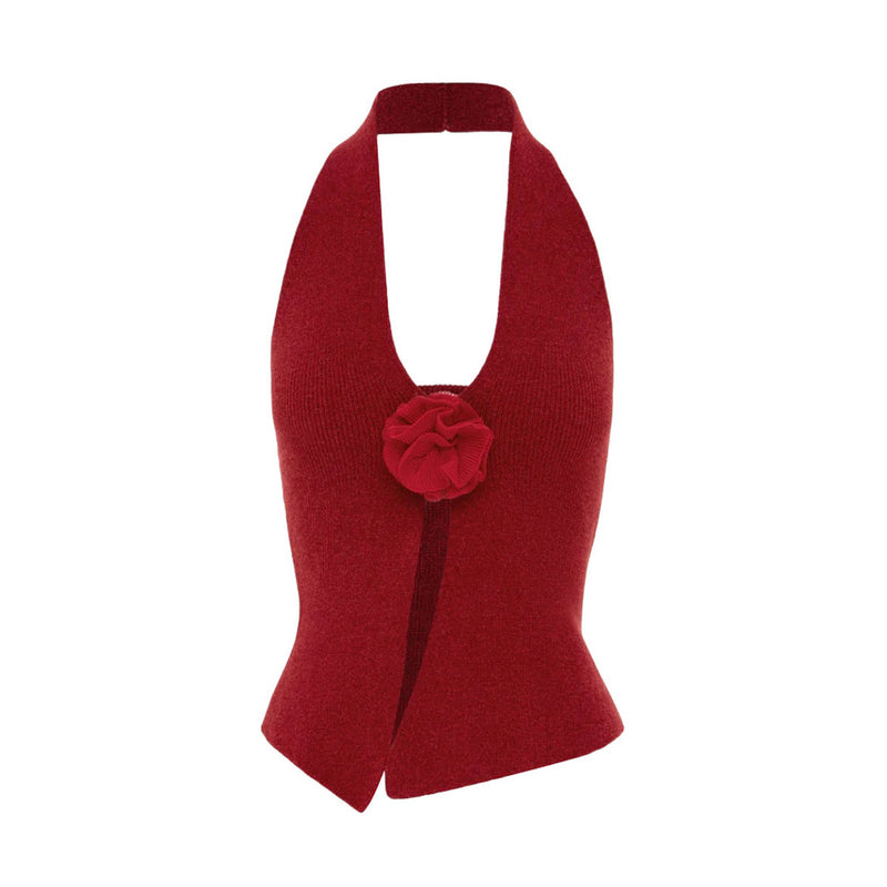 French Style Halter Plunge Neck Sleeveless Rosette Applique Knit Top