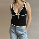 French Style Scalloped Detail V Neck Bow Tie Textured Knit Tank Top