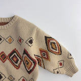 Funny Argyle Jacquard Knit Round Neck Long Sleeve Kids Pullover Sweater