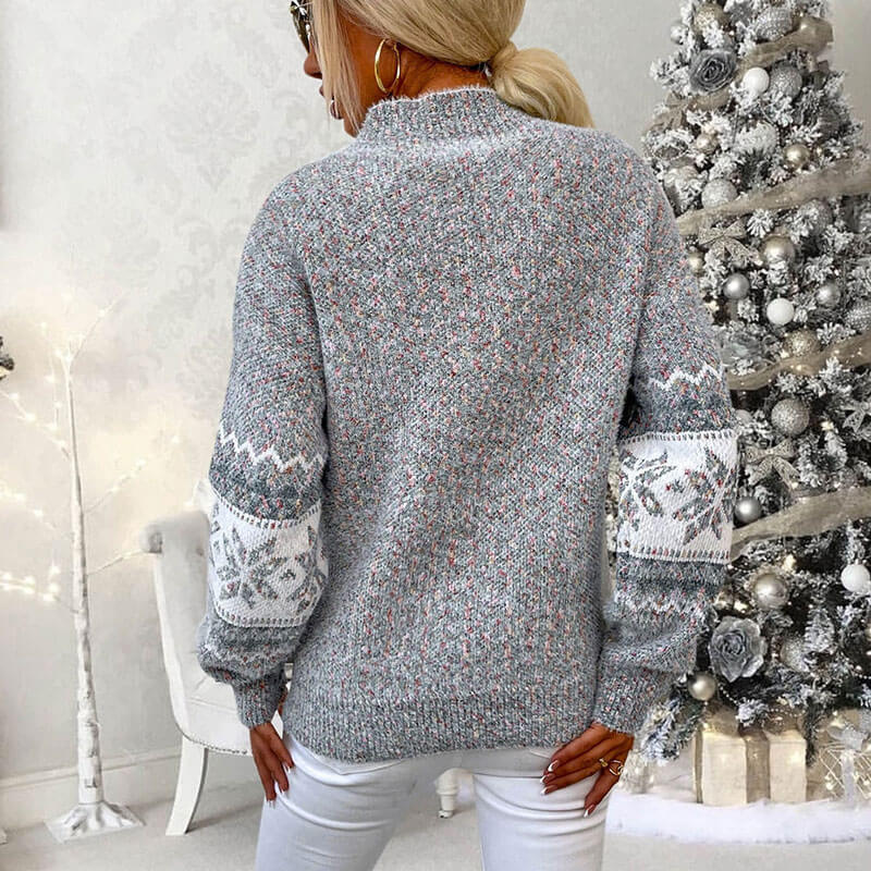 Fuzzy Snowflake Mock Neck Long Sleeve Rib Knit Chenille Christmas Sweater