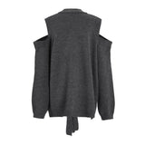 Gen Z Buckled Neck Tie Deep V Cold Shoulder Pocketed Pullover Sweater