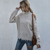 Grunge Ripped Cutout Shoulder High Neck Marled Knit Oversized Sweater