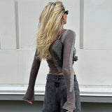 Grunge Semi Sheer Ripped Fuzzy Panel Crew Neck Long Sleeve Pullover Sweater