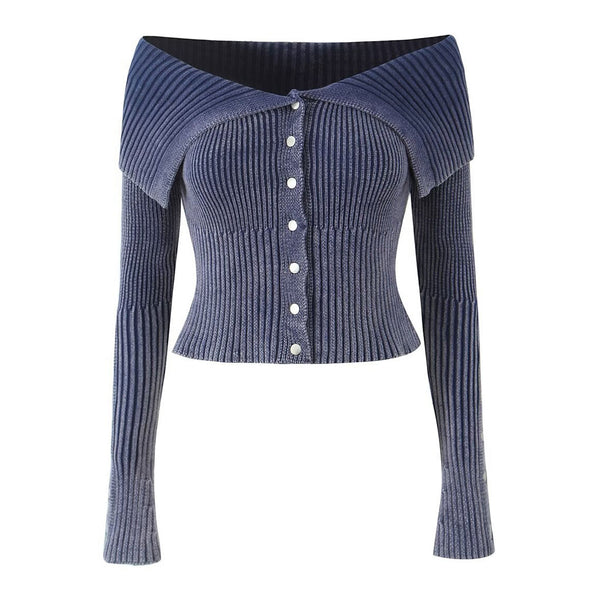 Grunge Worn In Foldover Off Shoulder Button Up Ribbed Knit Crop Cardigan