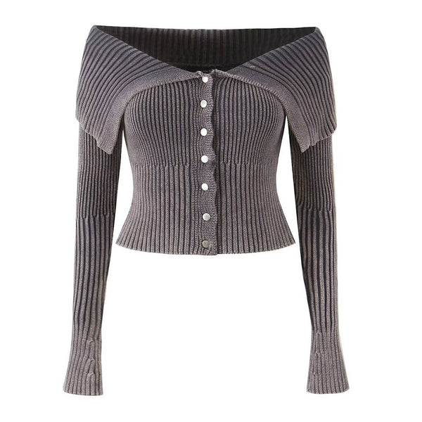 Grunge Worn In Foldover Off Shoulder Button Up Ribbed Knit Crop Cardigan