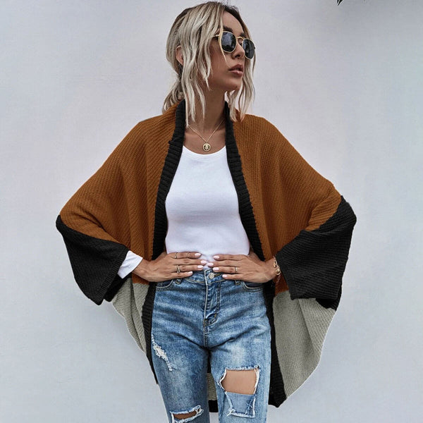 Leisure Color Panel Chunky Knit Open Front Batwing Sleeve Oversized Cape Cardigan