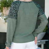 Leisure Half Button V Neck Leopard Print Panel Long Sleeve Waffle Knit Sweater