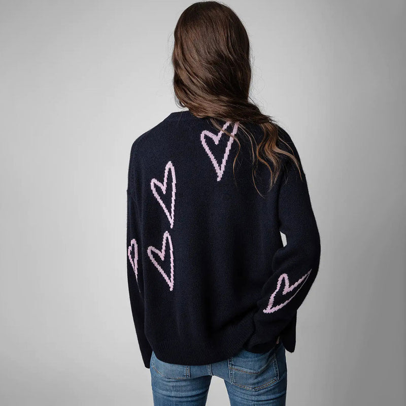 Leisure Heart Motif Drop Shoulder Long Sleeve Oversized Knit Cashmere Sweater