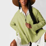 Leisure Ribbed Knit V Neck Inside Out Long Sleeve Split Oversized Sweater