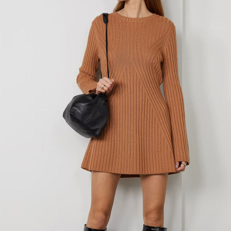 Leisure Round Neck Long Sleeve A Line Chunky Ribbed Knit Sweater Mini Dress