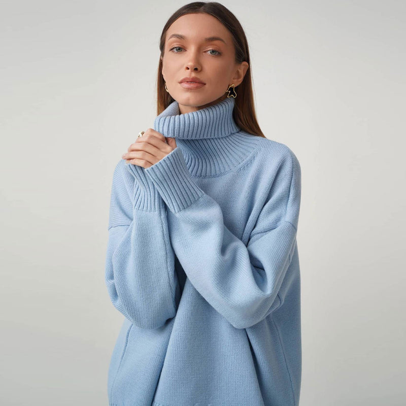 Leisure Turtleneck Long Sleeve Oversized Rib Knit High Low Pullover Sweater