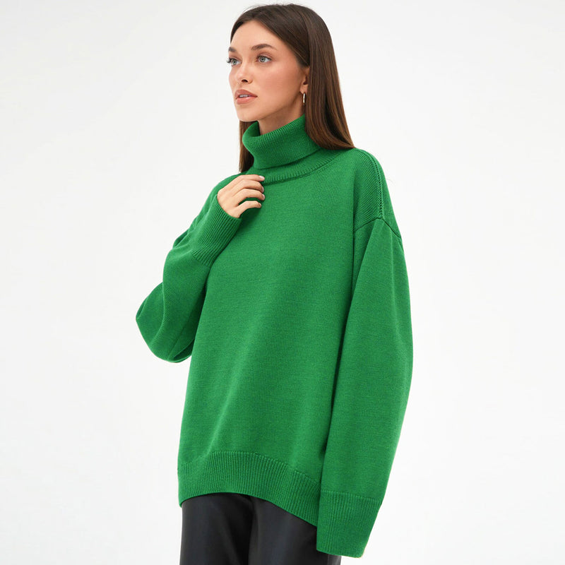 Leisure Turtleneck Long Sleeve Oversized Rib Knit High Low Pullover Sweater