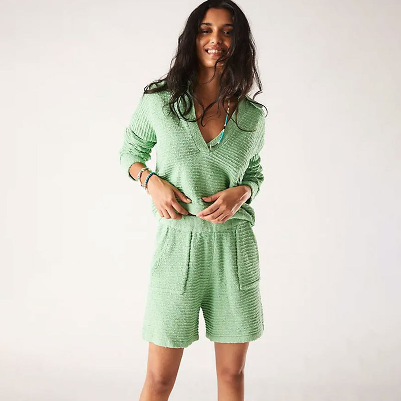 Lounge Collared V Neck Sweater and High Waist Knit Short Matching Set