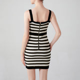 Luxury Buttoned Lurex Black and White Striped Knit Sleeveless Sweater Mini Dress