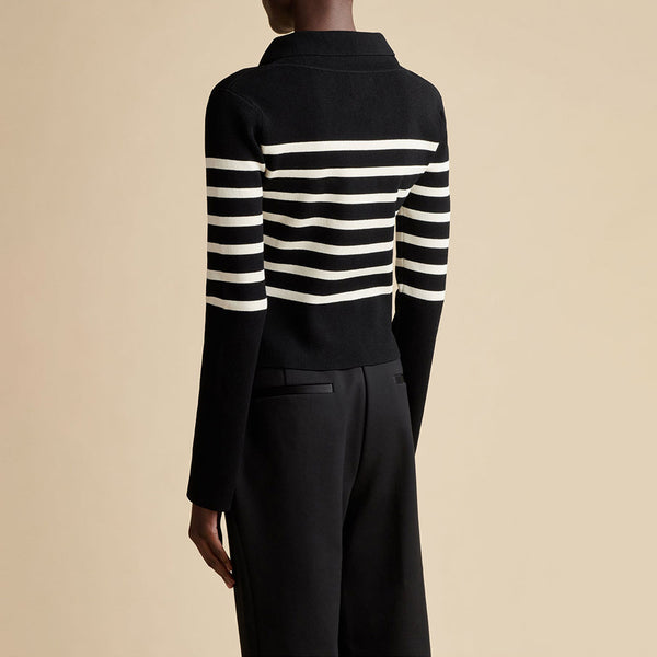 Luxury Collared V Neck Long Sleeve Contrast Breton Stripe Ribbed Knit Sweater