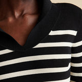 Luxury Collared V Neck Long Sleeve Contrast Breton Stripe Ribbed Knit Sweater