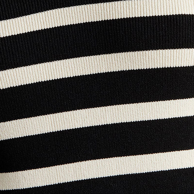 Luxury Collared V Neck Long Sleeve Contrast Breton Stripe Ribbed Knit Sweater