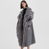 Luxury Faux Fur Foldover Collar Long Sleeve Rib Knit Fringe Duster Cardigan