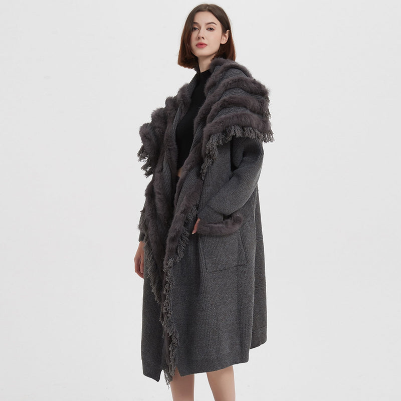 Luxury Faux Fur Foldover Collar Long Sleeve Rib Knit Fringe Duster Cardigan