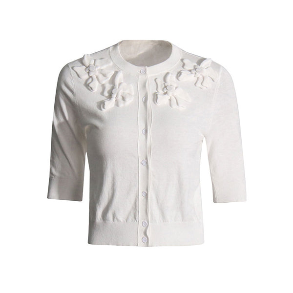 Luxury Rosette Ribbed Knit Crew Neck Button Up Short Sleeve Summer Cardigan