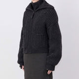 Luxury Spread Collar Zip Up Chunky Ribbed Knit Cashmere Blend Cardigan