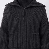 Luxury Spread Collar Zip Up Chunky Ribbed Knit Cashmere Blend Cardigan