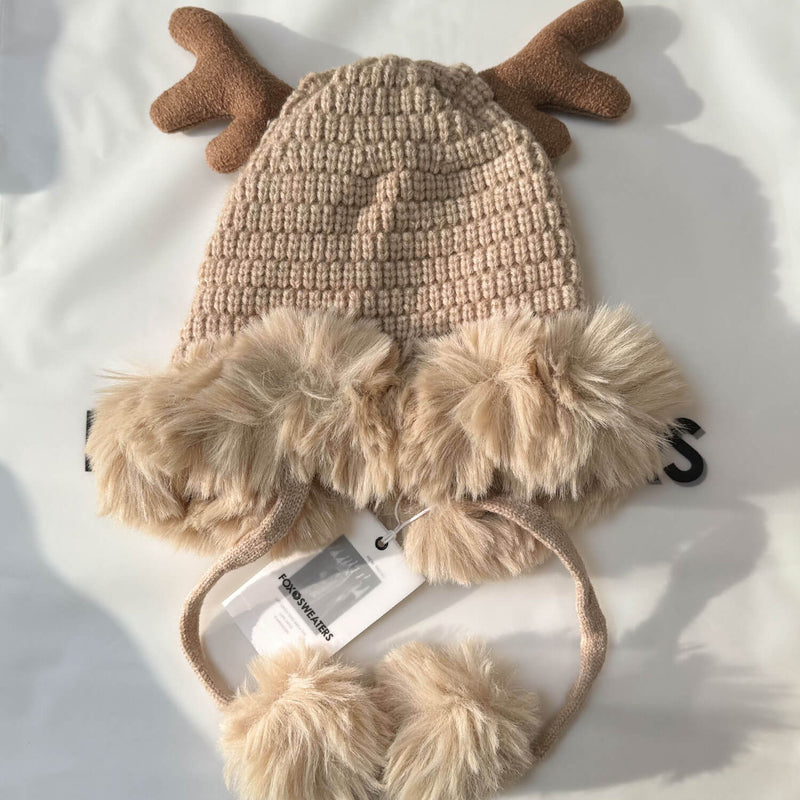 Merry Christmas Winter Faux Fur Pom Pom Earflap Elk Horn Knit Beanie