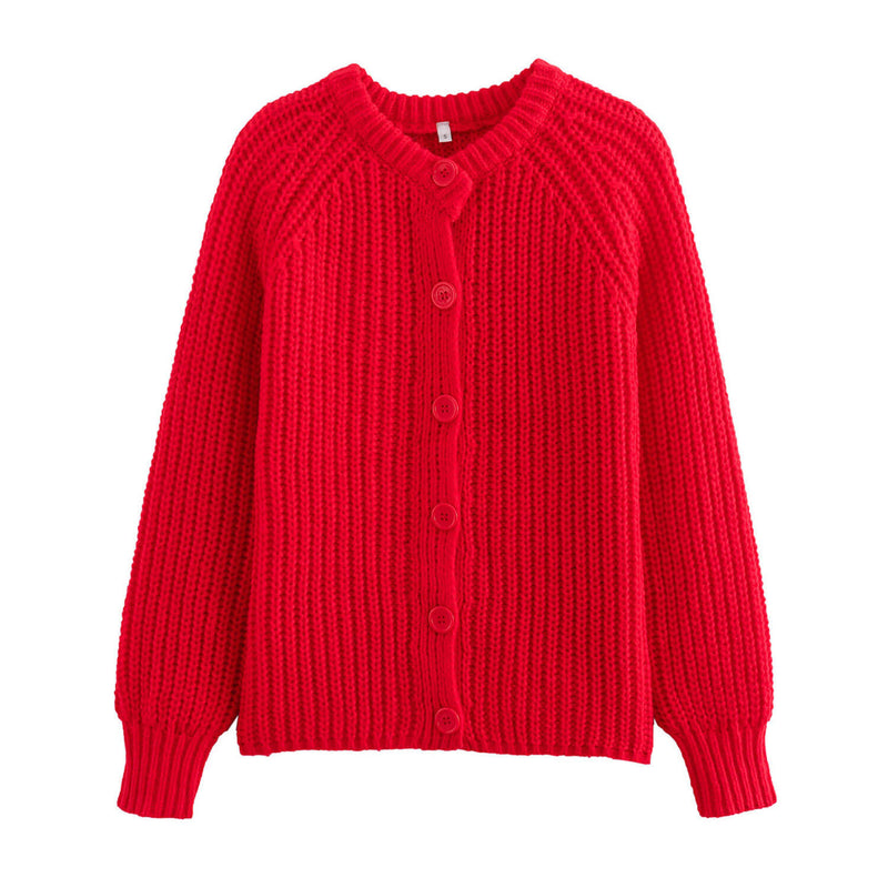 Merry Red Ribbed Knit Crew Neck Long Sleeve Winter Button Up Cardigan