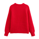 Merry Red Ribbed Knit Crew Neck Long Sleeve Winter Button Up Cardigan