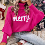 MERRY Slogan Long Sleeve Chunky Rib Knit Turtleneck Christmas Sweater