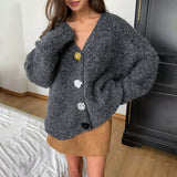 Metallic Crystal Button V Neck Long Sleeve Oversized Lurex Knit Cardigan