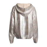 Metallic Hooded Long Sleeve Kangaroo Ribbed Knit Oversized Sweater