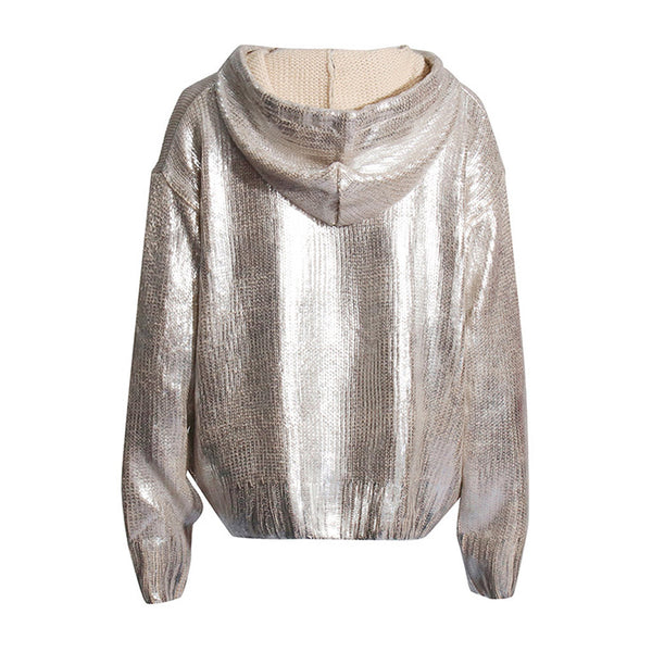 Metallic Hooded Long Sleeve Kangaroo Ribbed Knit Oversized Sweater