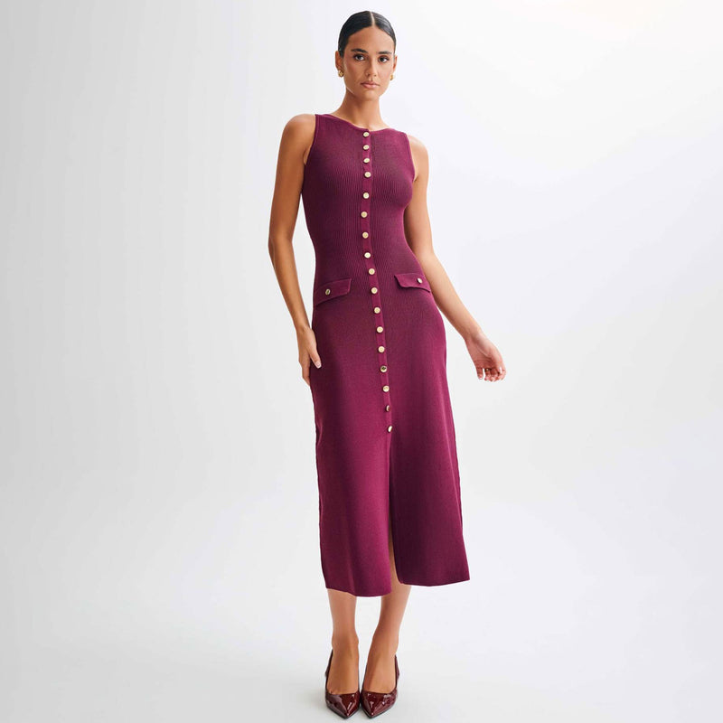 Minimalist Crew Neck Button Down Ribbed Knit Sleeveless Sweater Midi Dress