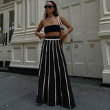 Minimalist High Waist Fringe Trim Black and White Stripe Knit Maxi Skirt