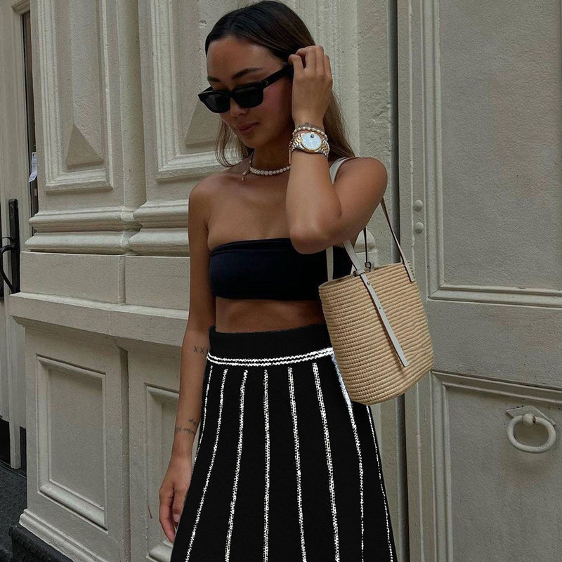 Minimalist High Waist Fringe Trim Black and White Stripe Knit Maxi Skirt